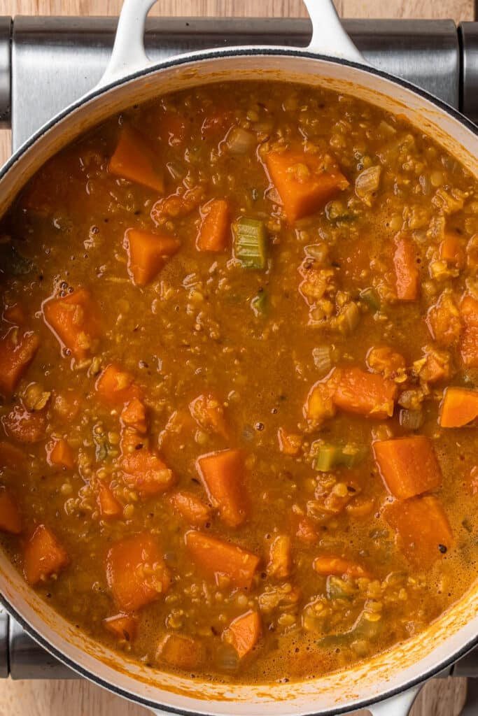 Pumpkin lentil soup simmering.