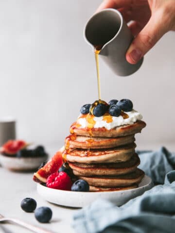 vanilla buckwheat pancake stack with maple syrup