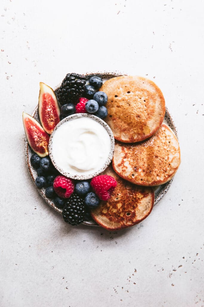 vanilla buckwheat pancake platter with blackberries, figs and blueberries
