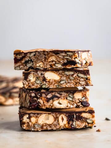 No bake energy bars stacked on top of each other.
