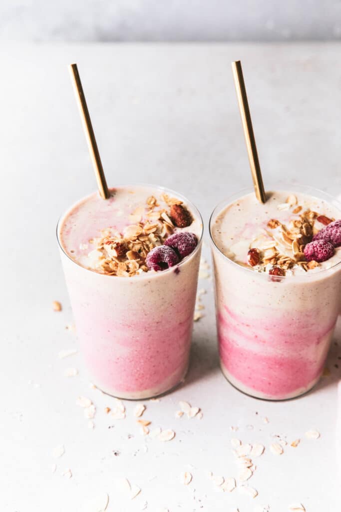 this banana raspberry smoothie is nutritionally balanced and perfect for breakfast