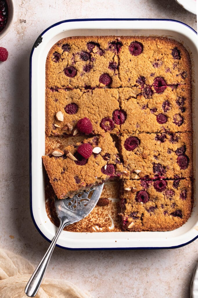 raspberry baked oats in a baking dish