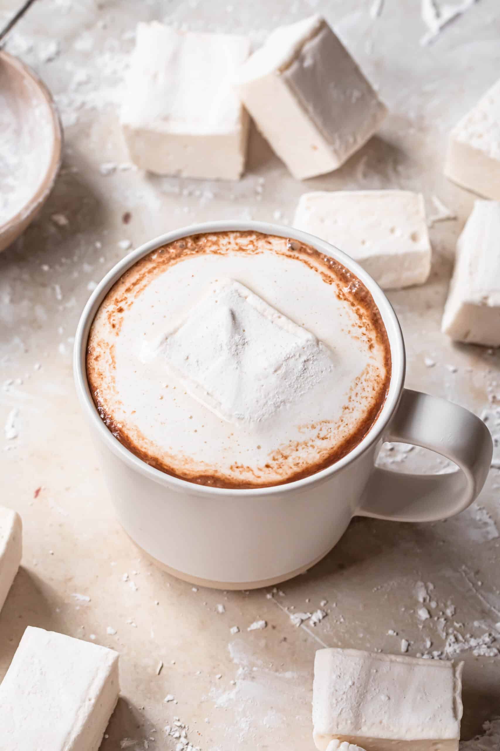 Oat milk hot chocolate with a healthy marshmallow melting on top.