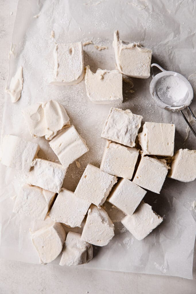 set marshmallow, cut into cubes and dusted with tapioca starch
