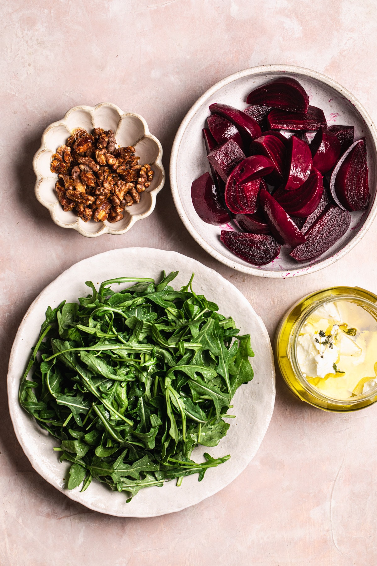 Ingredients for beetroot, feta, walnut salad.