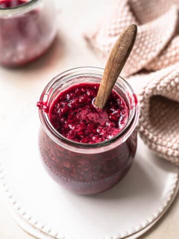 An easy raspberry compote in a small jar, made without corn starch.