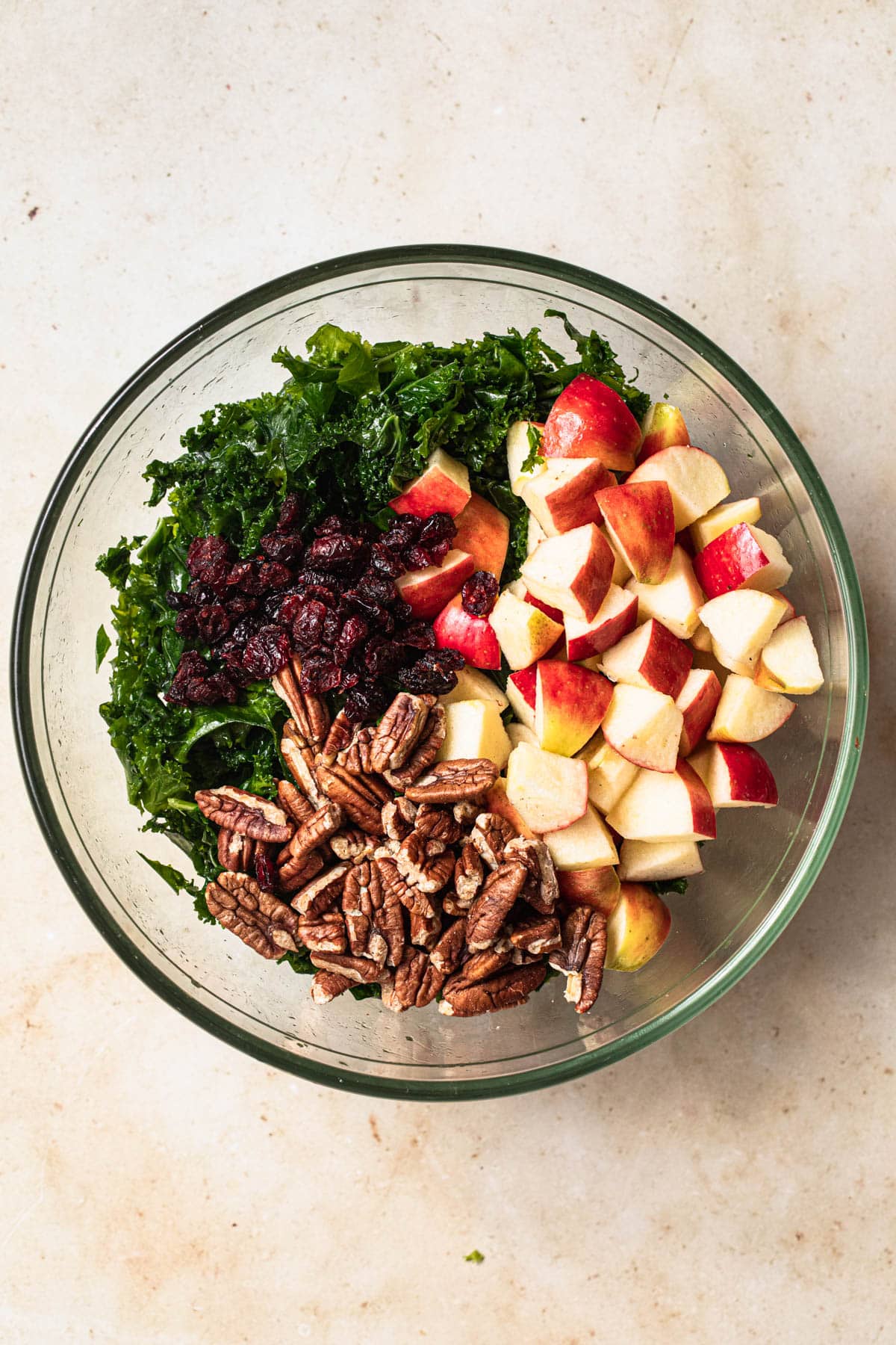 Massaged kale, pecans, cranberries and diced red apples in a bowl.