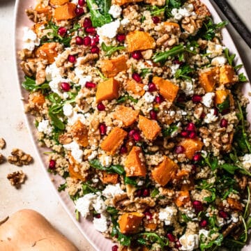 Roasted butternut squash and quinoa salad on a pink serving platter with a small butternut squash next to the salad.