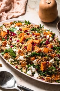 Roasted butternut squash and quinoa salad on a pink serving platter with a small butternut squash in the background.