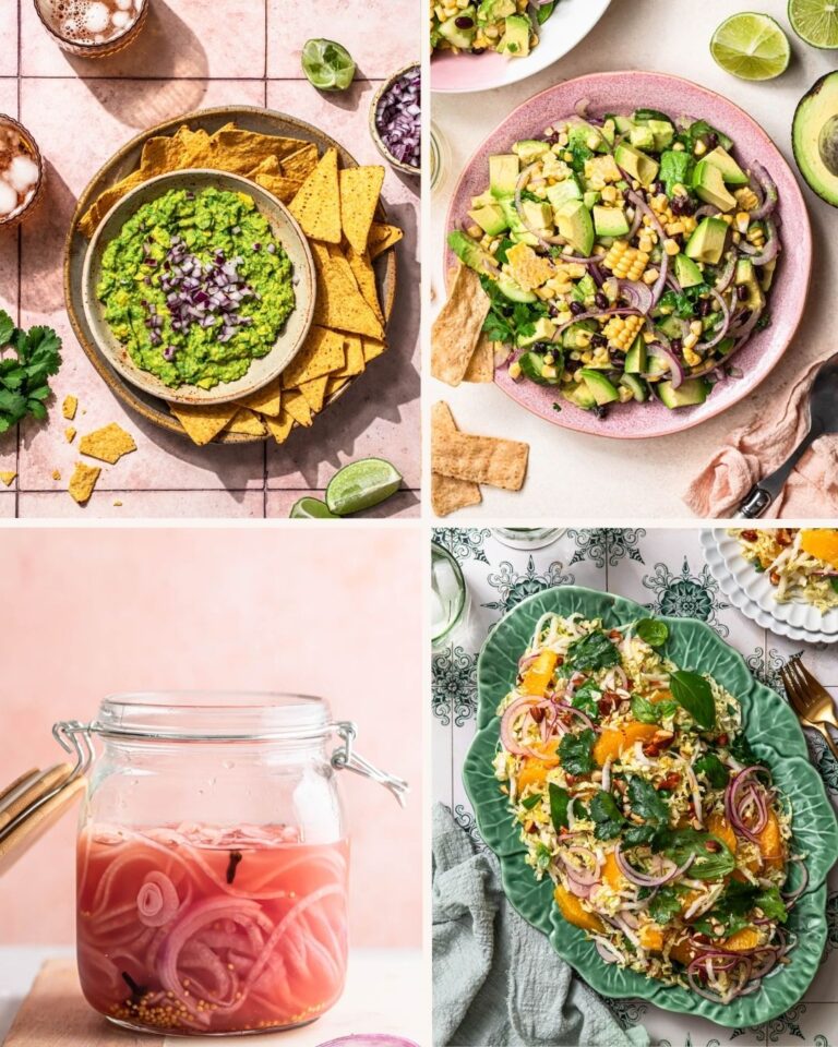 An image showing four different healthy taco sides including guacamole, tex Mex salad, citrus slaw and quick pickled red onions.