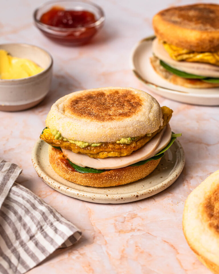Close up front on photo of Turkey Breakfast Sandwiches made using English muffins.