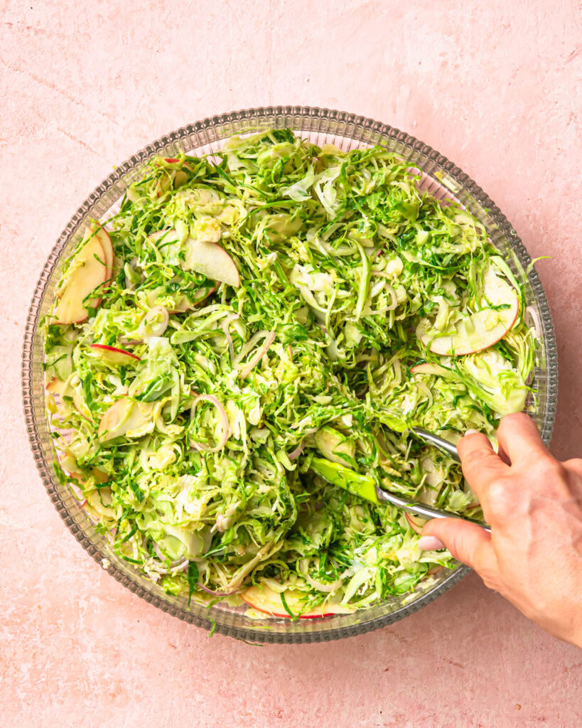 Shaved brussels sprout salad in a large bowl being tossed together with tongs. 