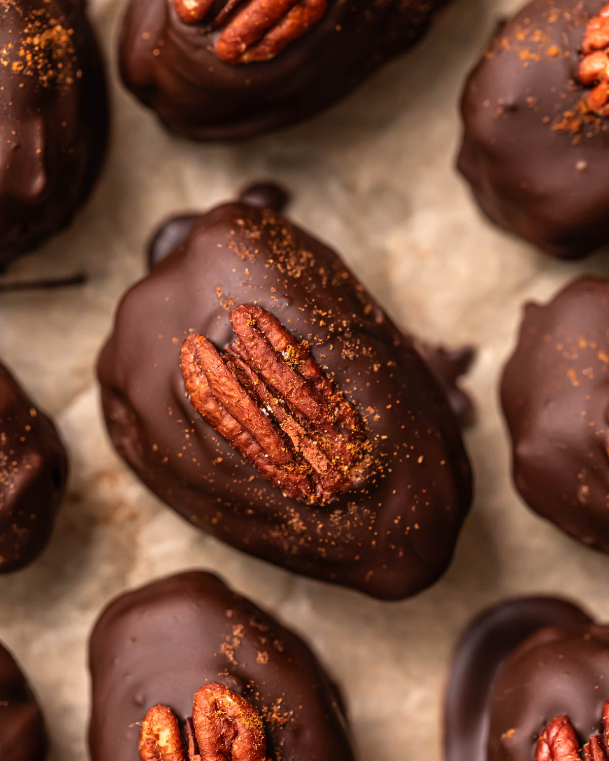 Close up of pecan pie stuffed dates. 