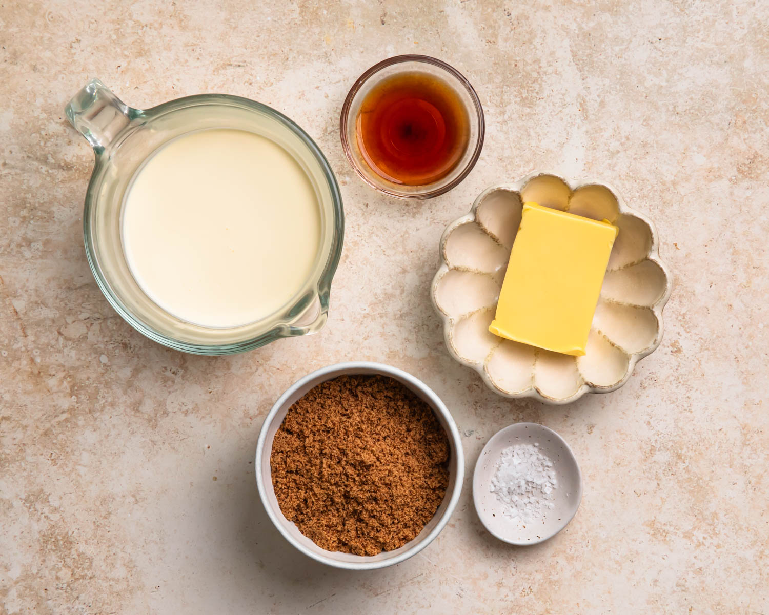 The ingredients for butterscotch sauce to accompany gluten free sticky date pudding. 