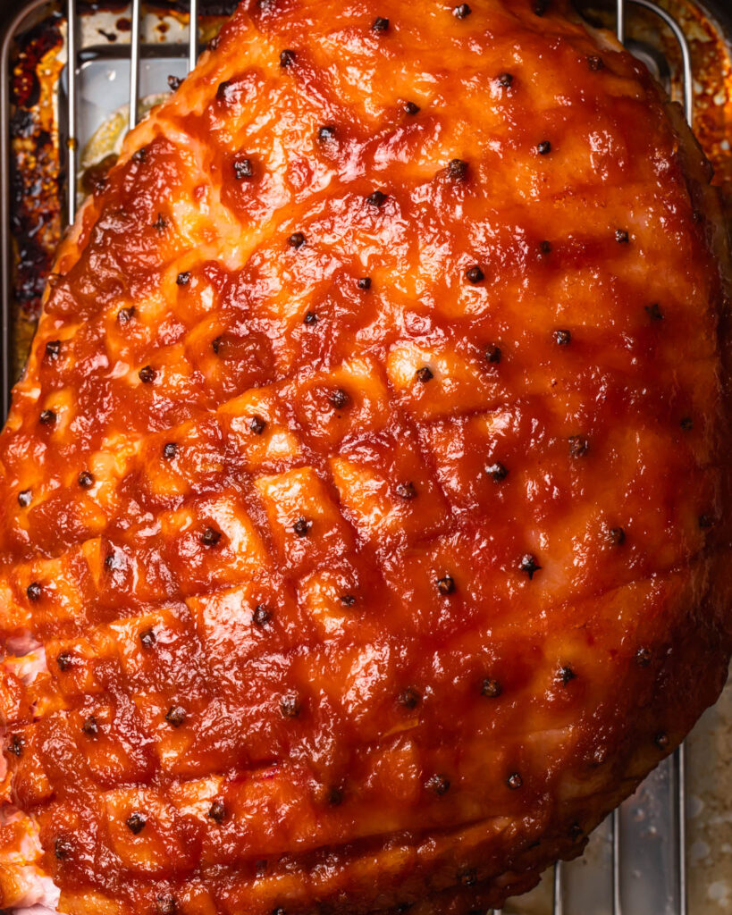 Close up of baked apricot glazed ham.