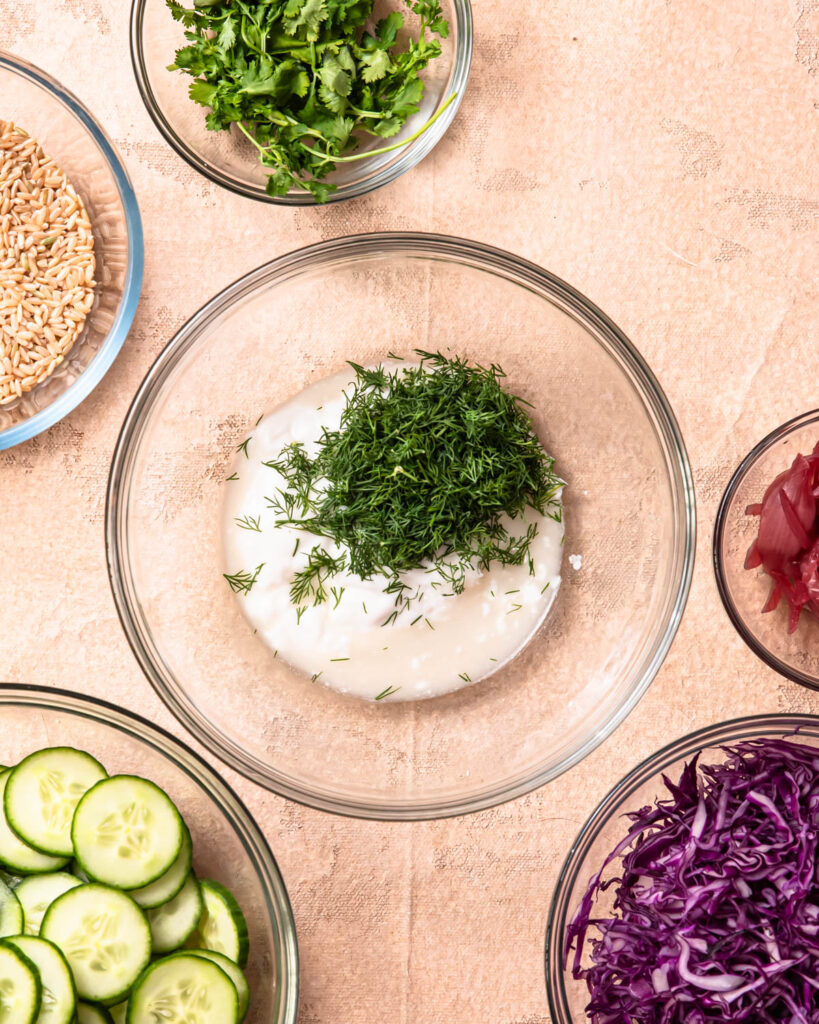 Ingredients for creamy sauce in a bowl. 