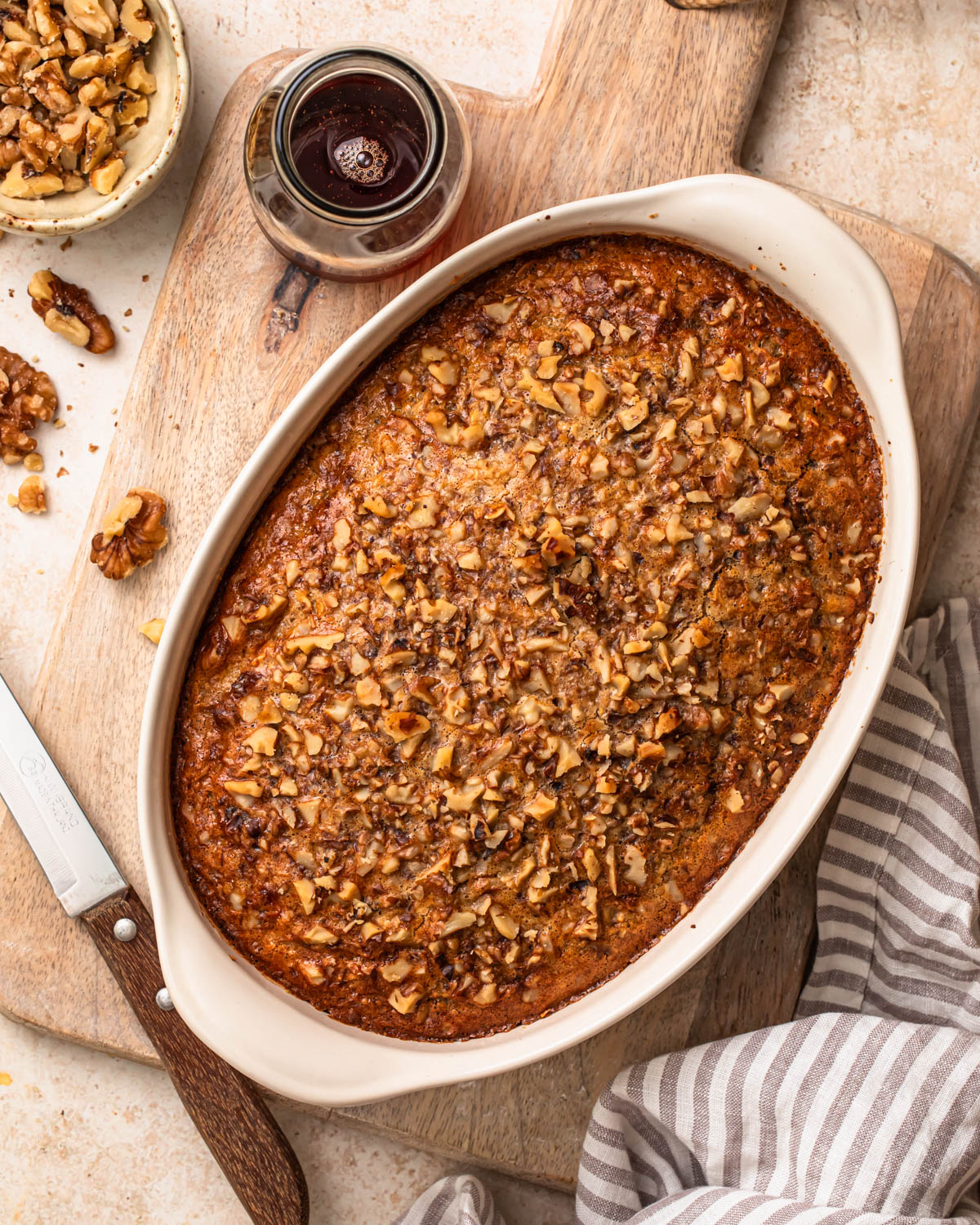 Banana bread baked oats, baked in an oval baking dish. 
