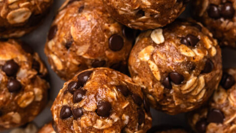 Close up of no bake choc chip oat energy balls.