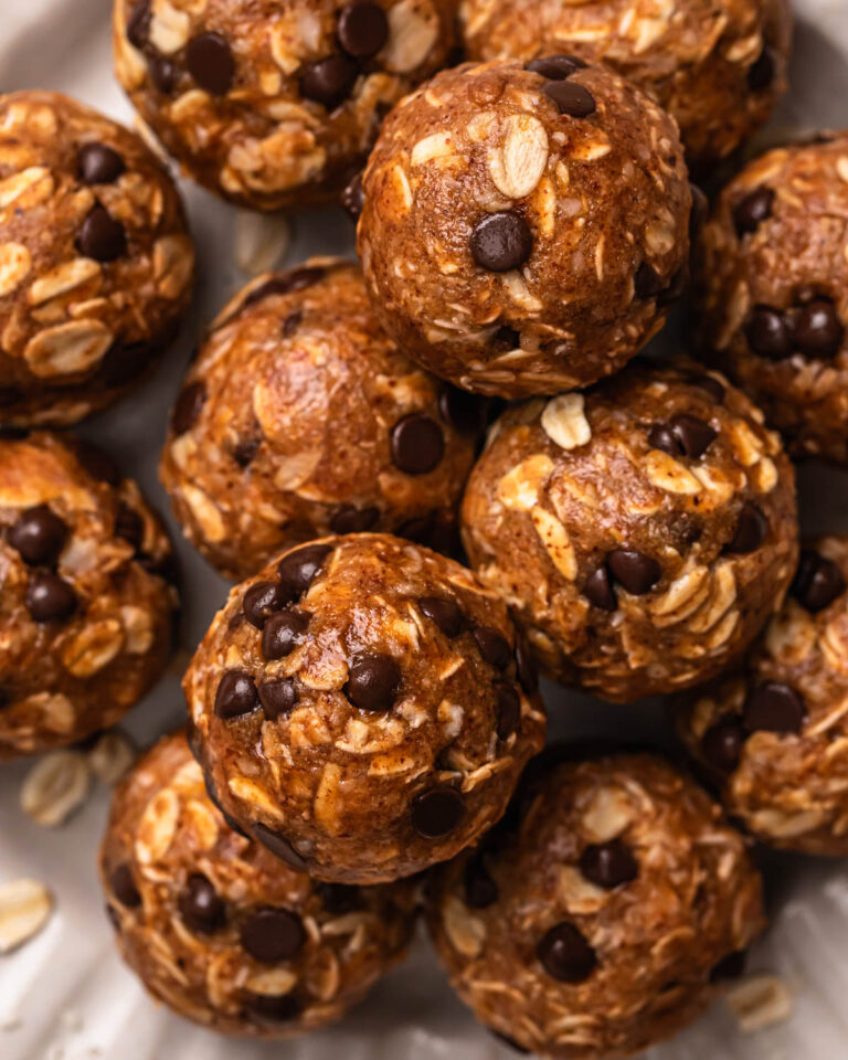 Close up of no bake choc chip oat energy balls.