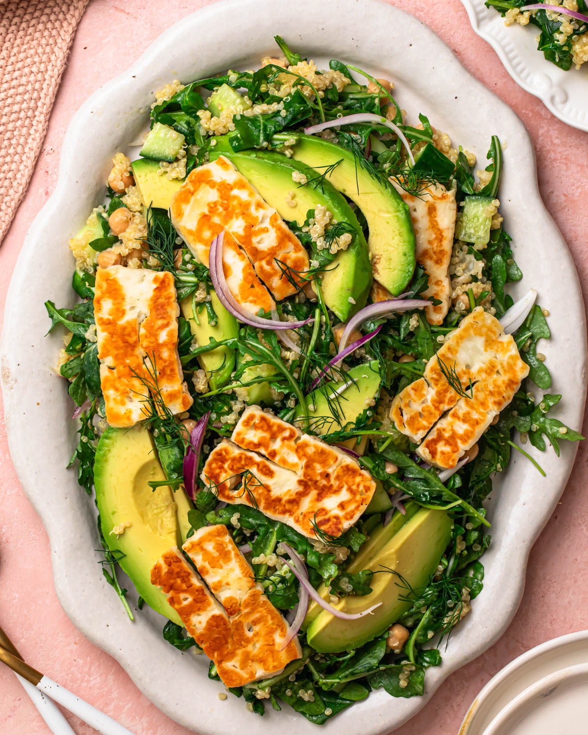 Halloumi Avocado Salad on a serving platter.