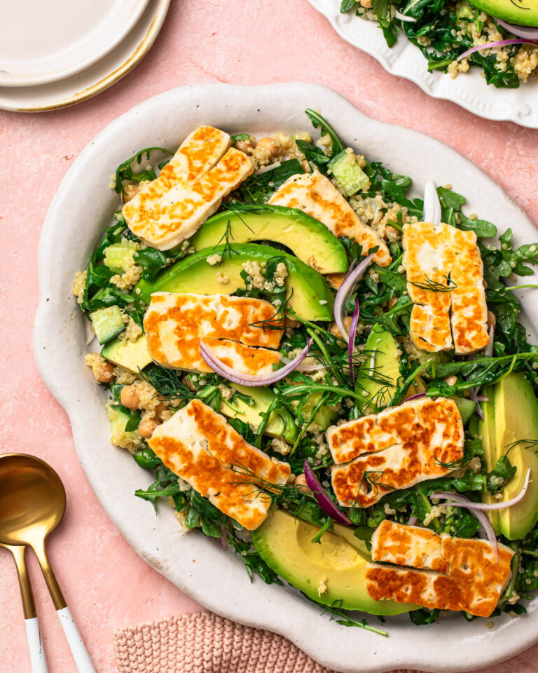 Halloumi Avocado Salad on a serving platter.