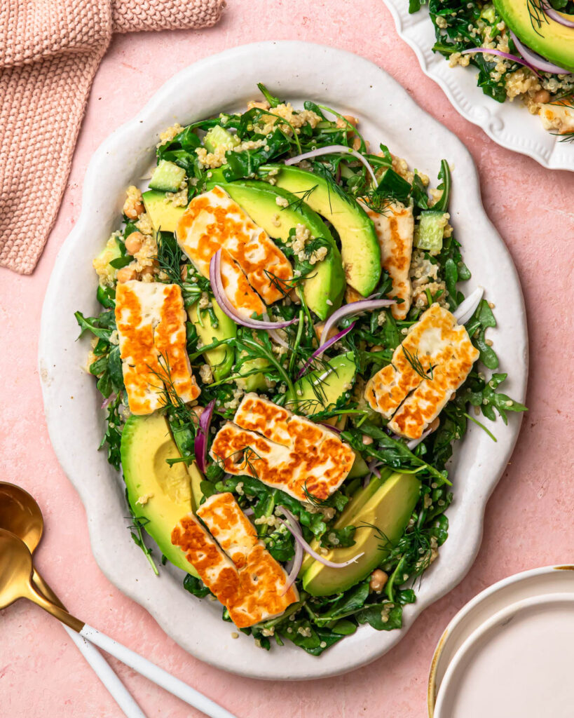 Halloumi Avocado Salad on a serving platter.