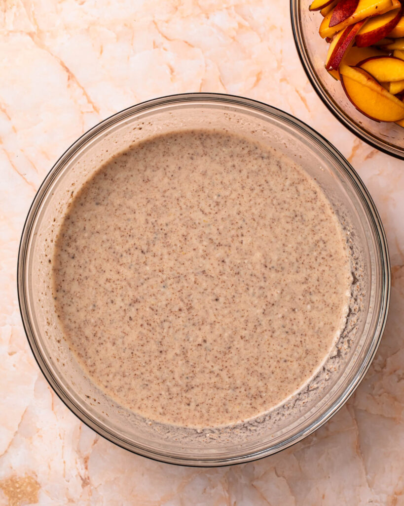 Chia and flaxseed pudding mixture in a large mixing bowl. 