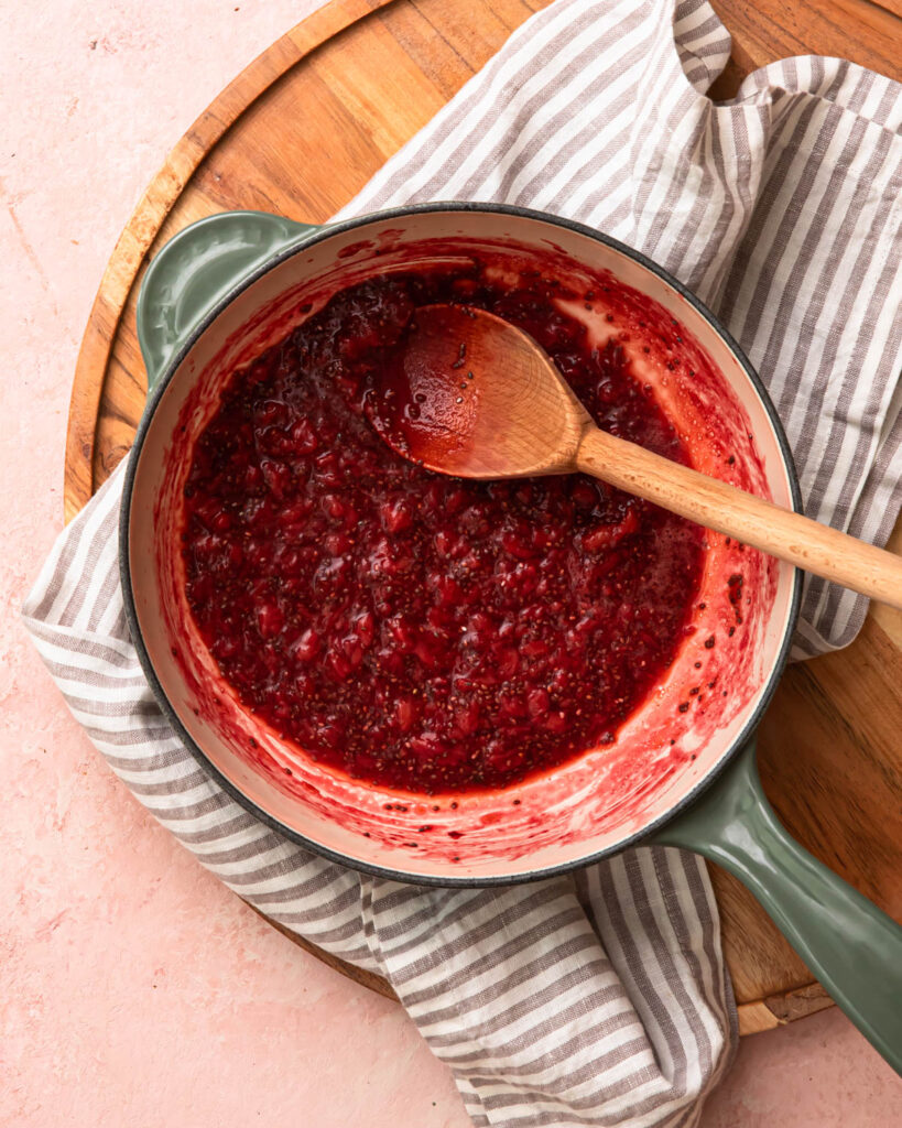 Strawberry chia jam in a pan.