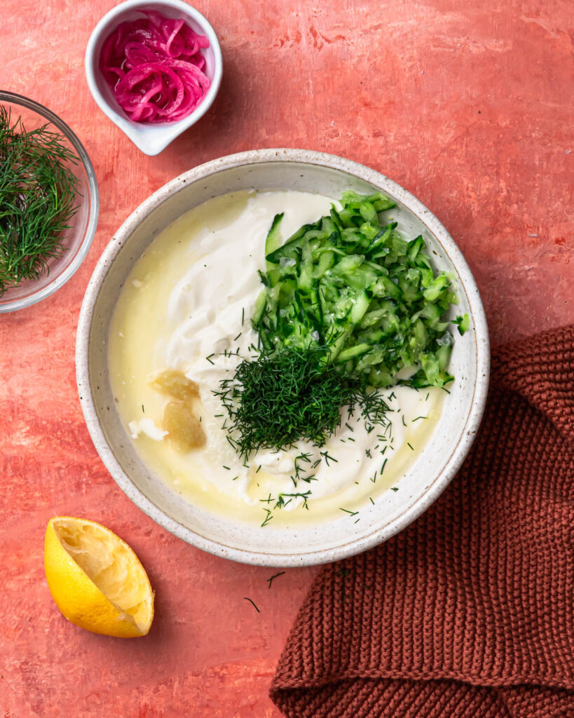 Ingredients for tzatziki in a bowl.