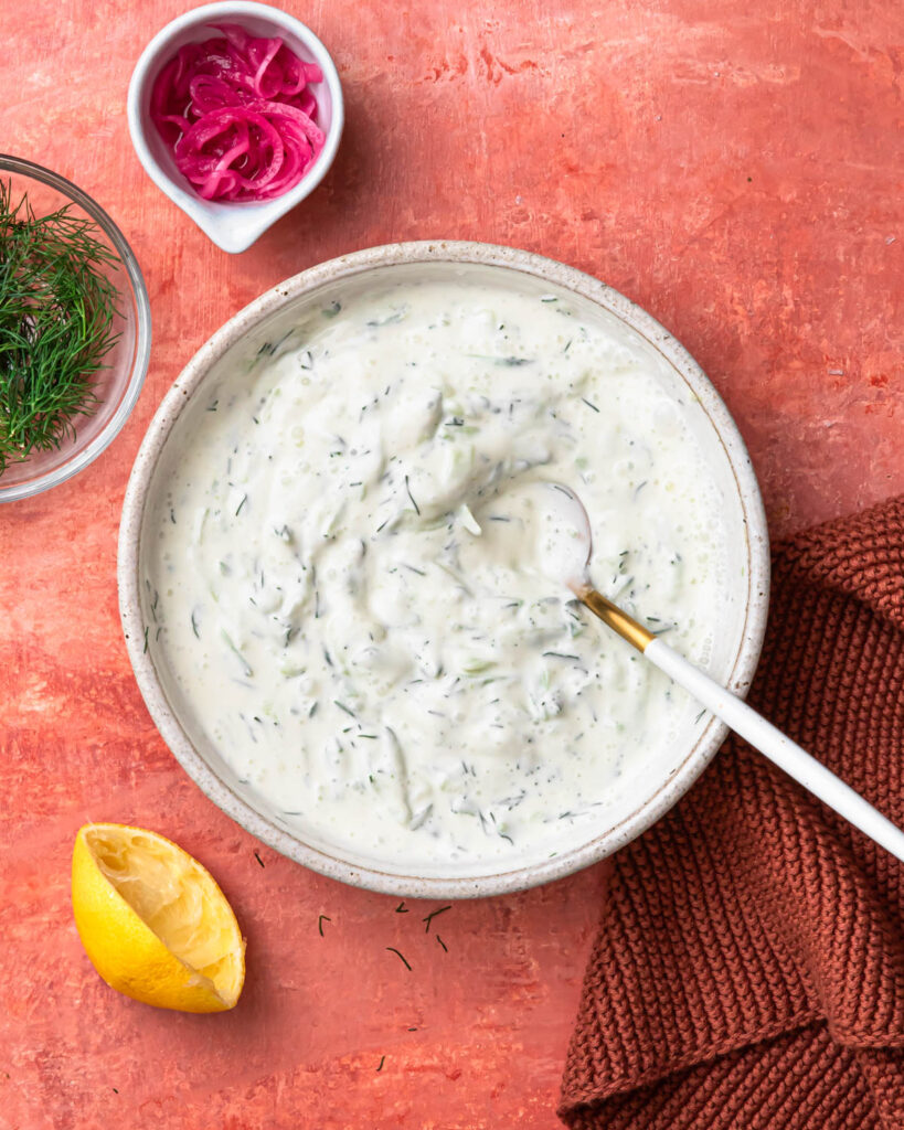 Tzatziki mixed together in a bowl. 