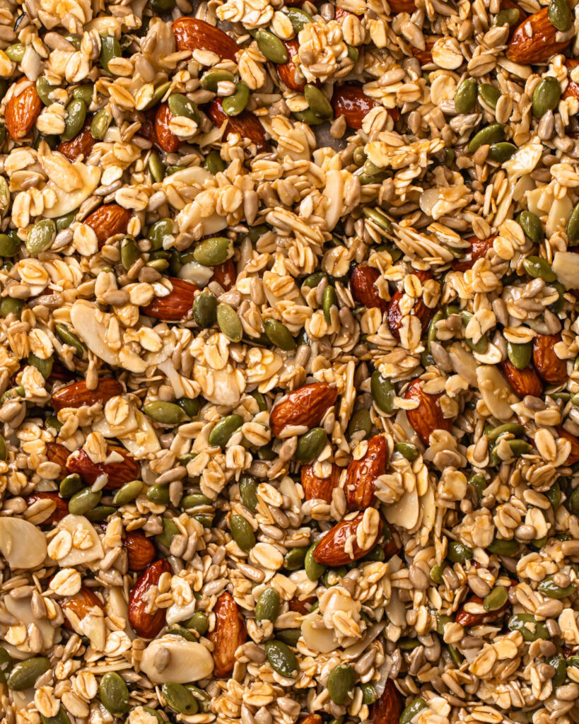 Close up of lemon blueberry granola mixture. 