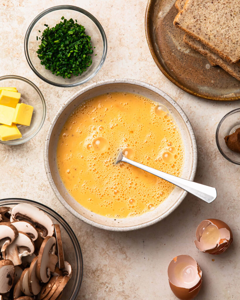 Egg mixture in a bowl ready to make Savoury French Toast. 