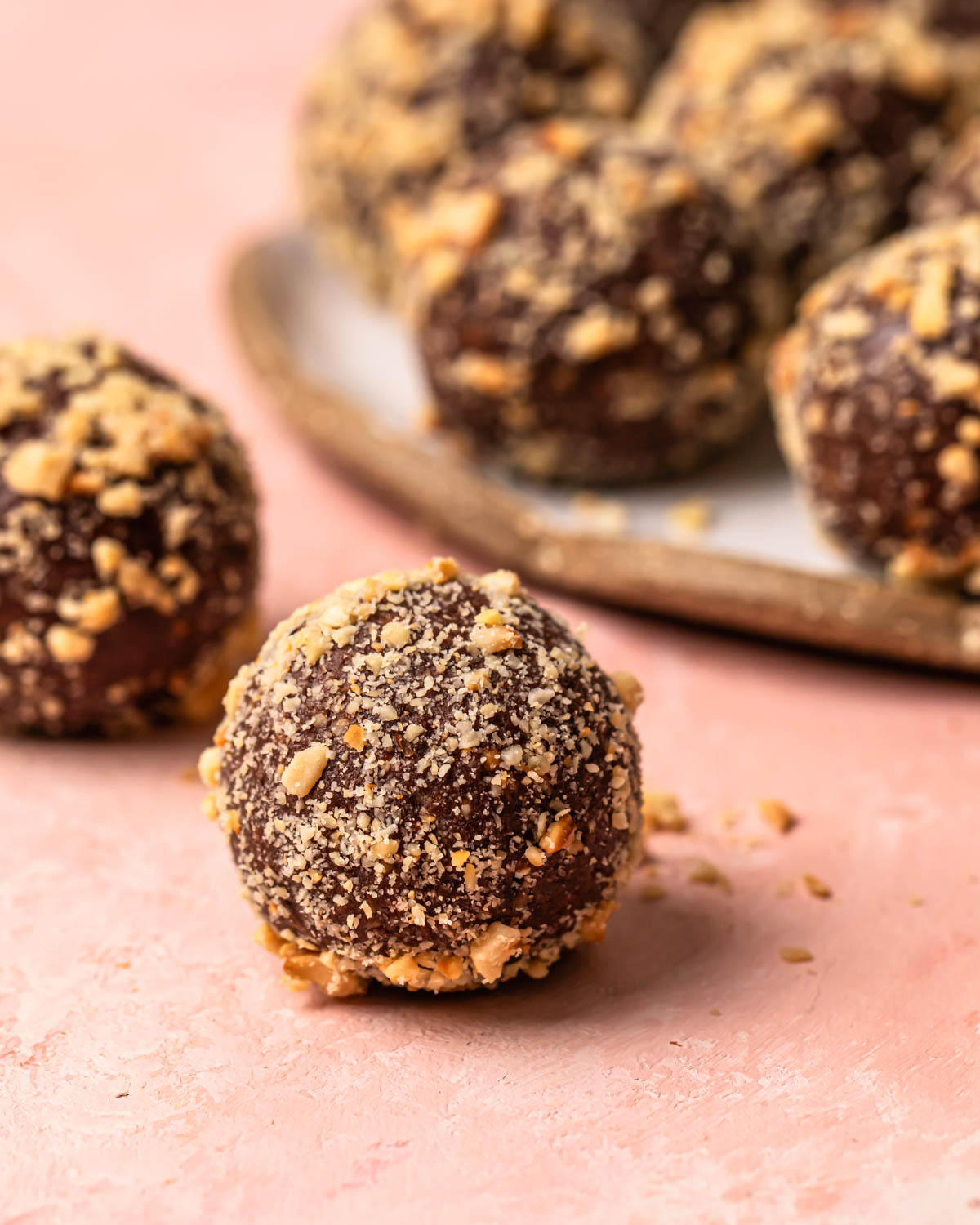 Front on image of choc hazelnut no bake protein balls.