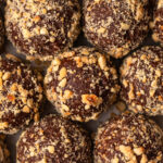 Close up photo of choc hazelnut no bake protein balls.