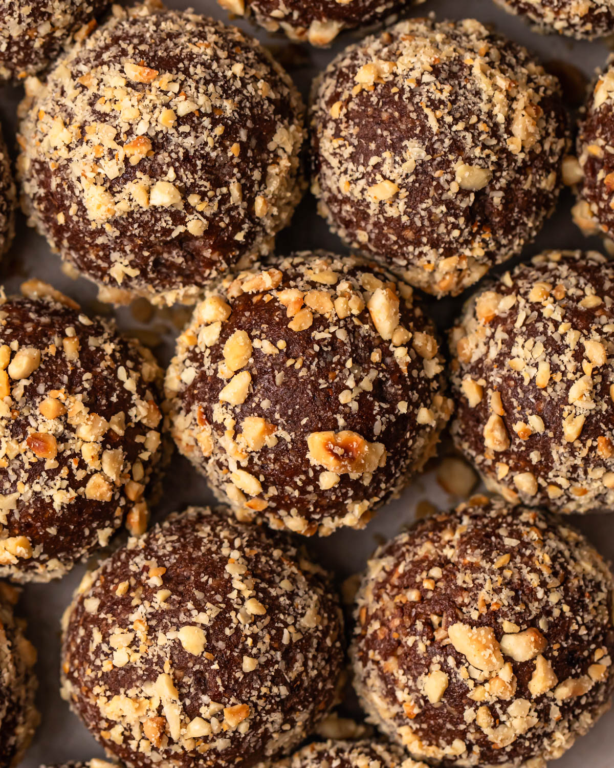 Close up photo of choc hazelnut no bake protein balls.