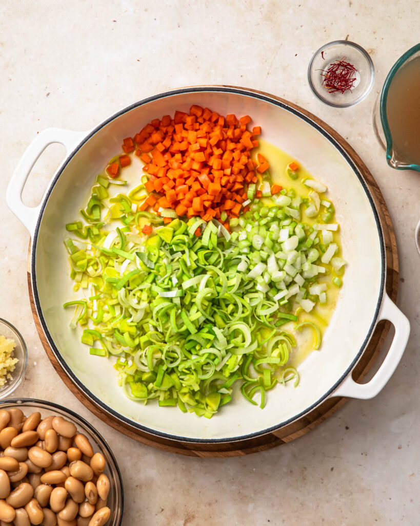 Celery, carrot and leek added to a pan with olive oil.