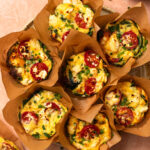Photo of baked breakfast sausage egg cups placed onto a plate.
