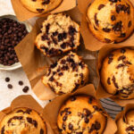 Close up photo of protein choc chip muffins.