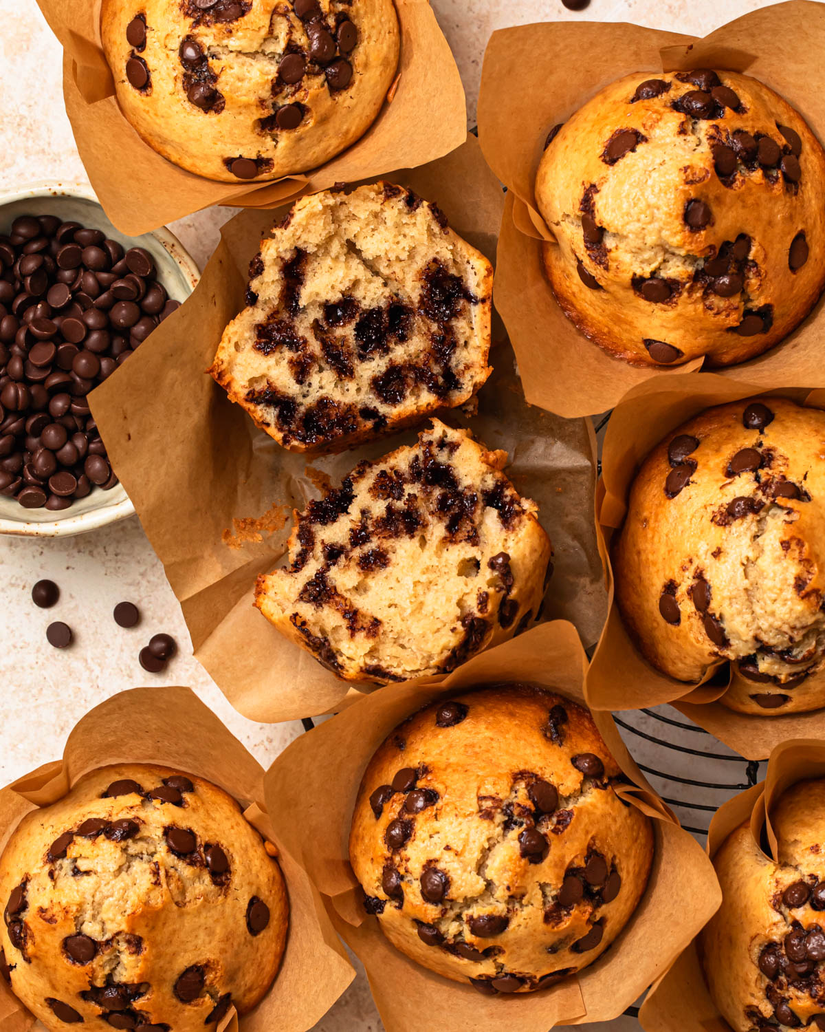 Close up photo of protein choc chip muffins.