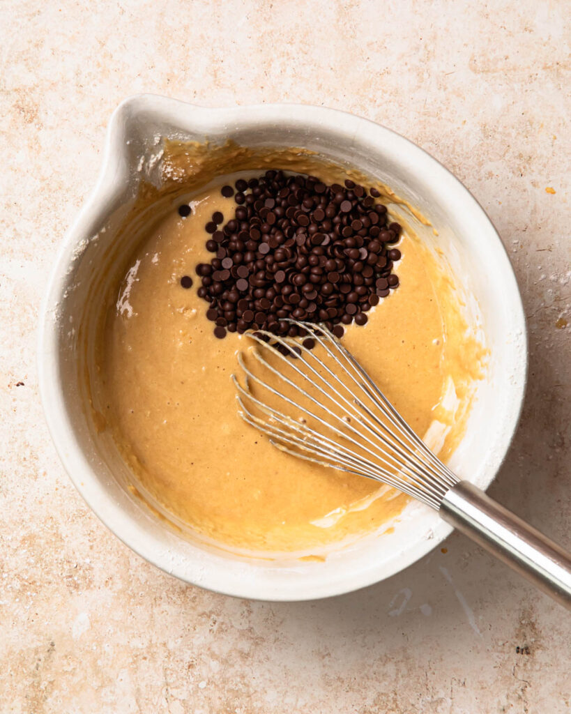 Dark choc chips added to protein choc chip muffin batter. 