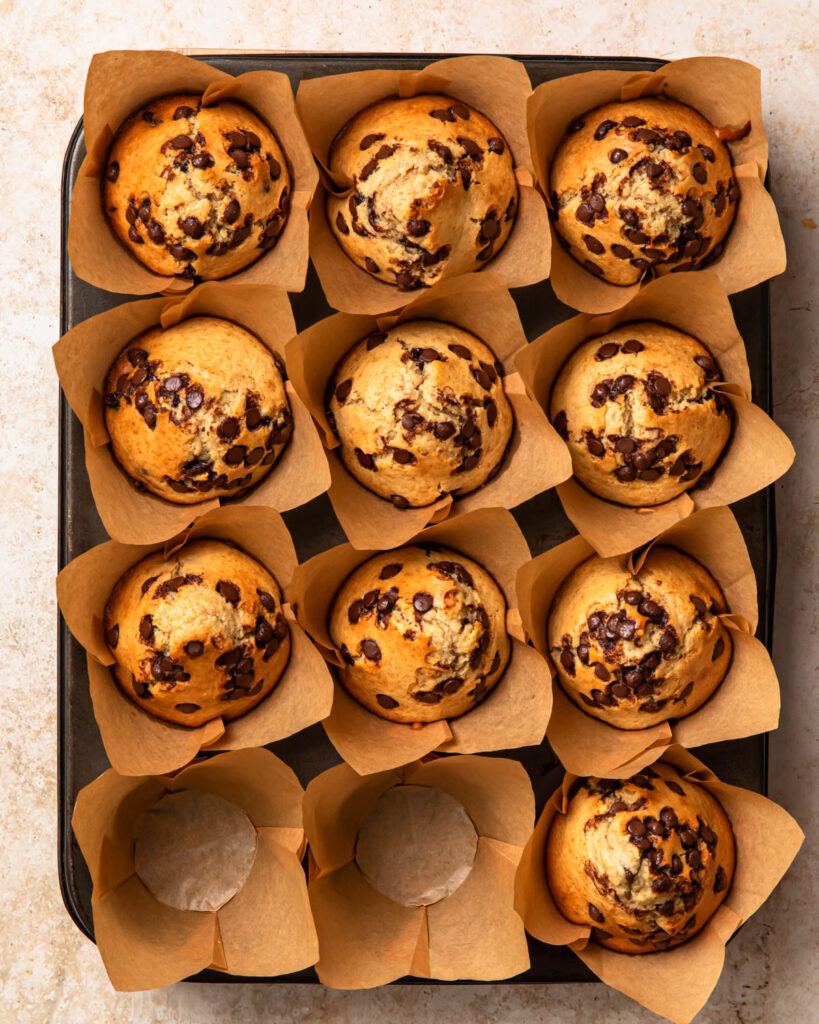 Baked protein choc chip muffins in a tray.