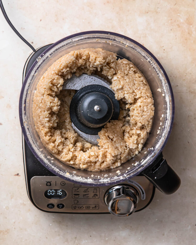 Filling for homemade bounty bars blended together in a food processor.