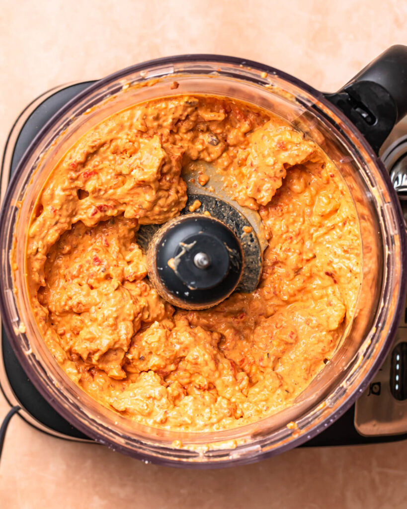 Roasted red pepper and feta dip blended in a food processor.