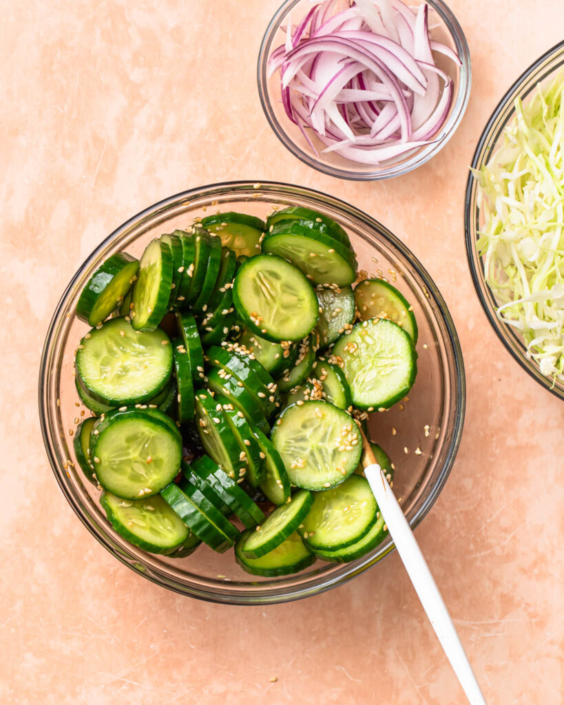 Cucumber salad in a bowl.