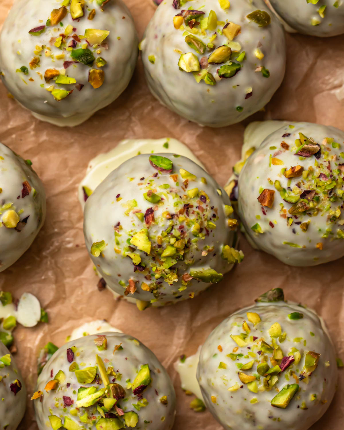 Close up of pistachio protein balls. 