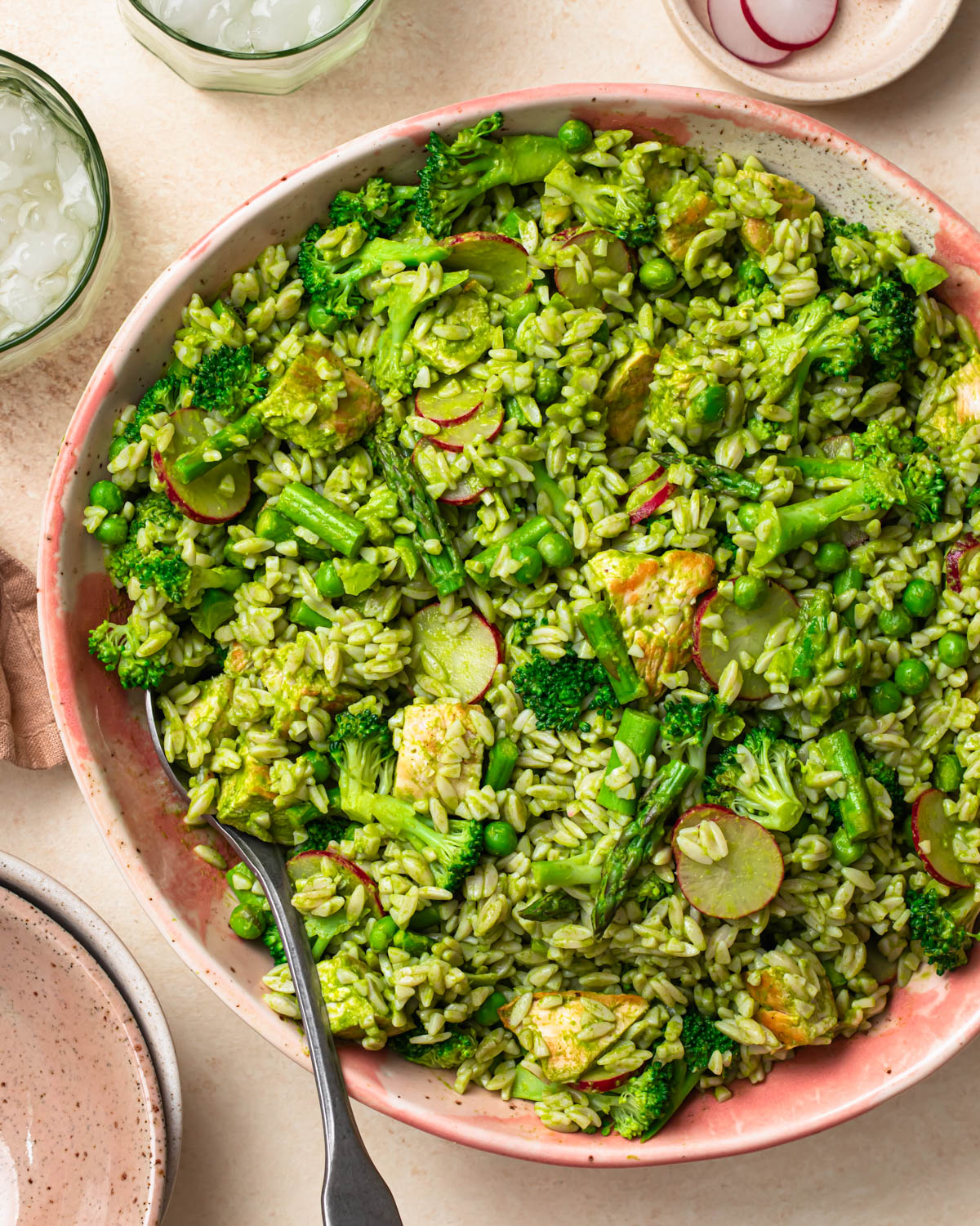 Eat your greens chicken orzo salad in a large salad bowl.