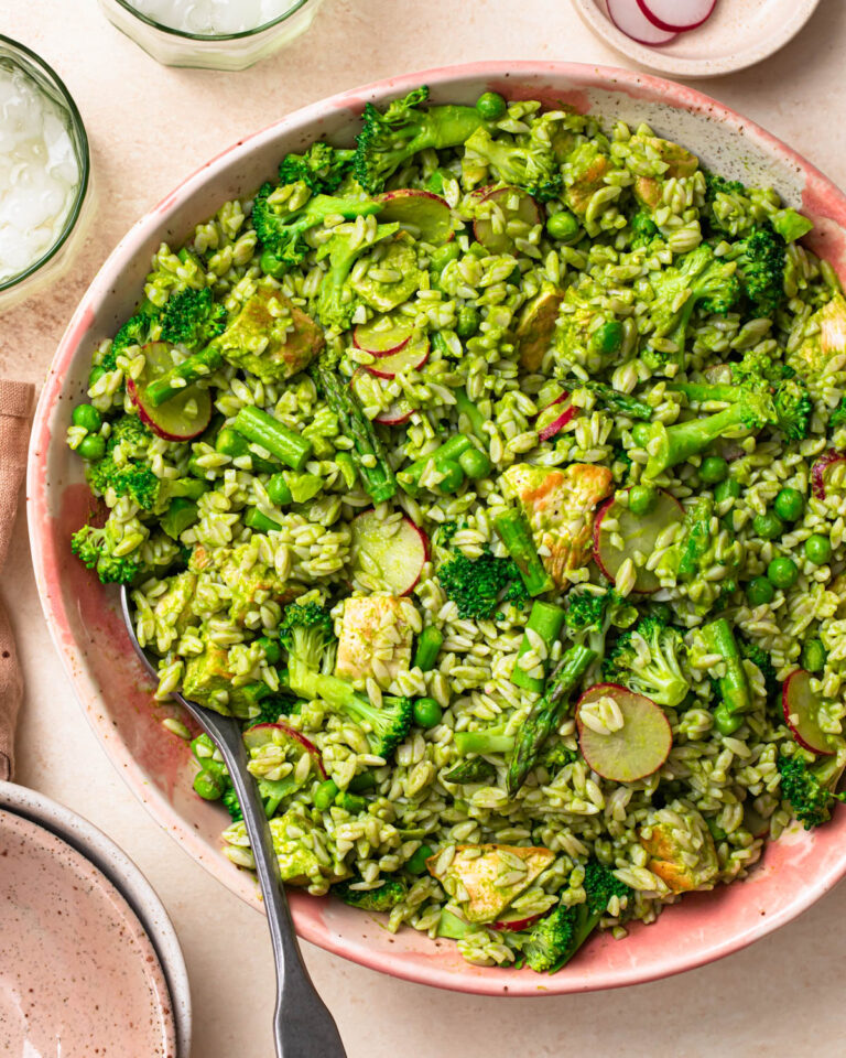 Eat your greens chicken orzo salad in a large salad bowl.