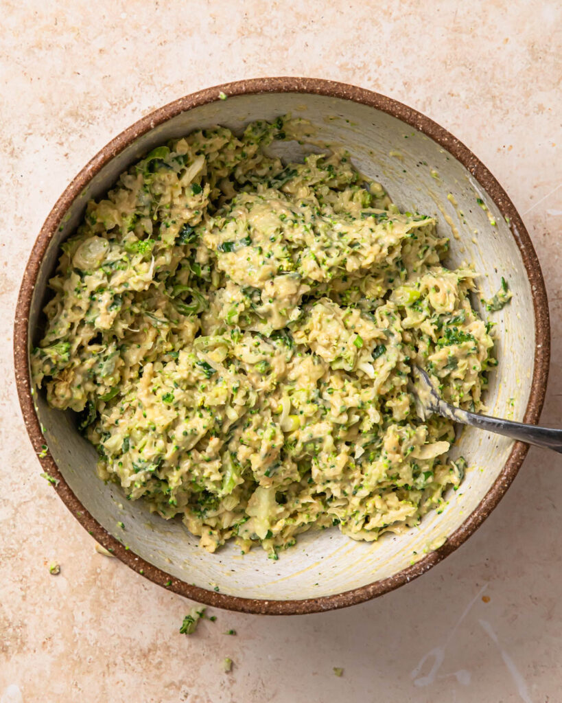 Gluten free savoury muffins mixture mixed together in a bowl.