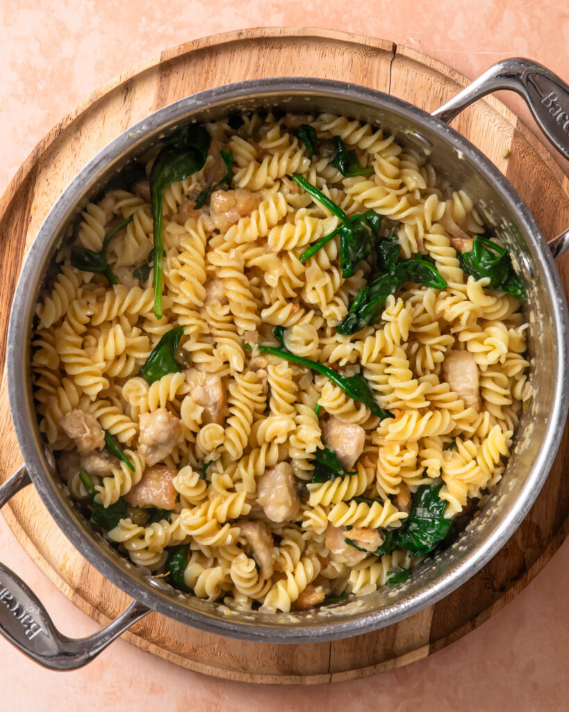 Chicken piccata sauce stirred through pasta.