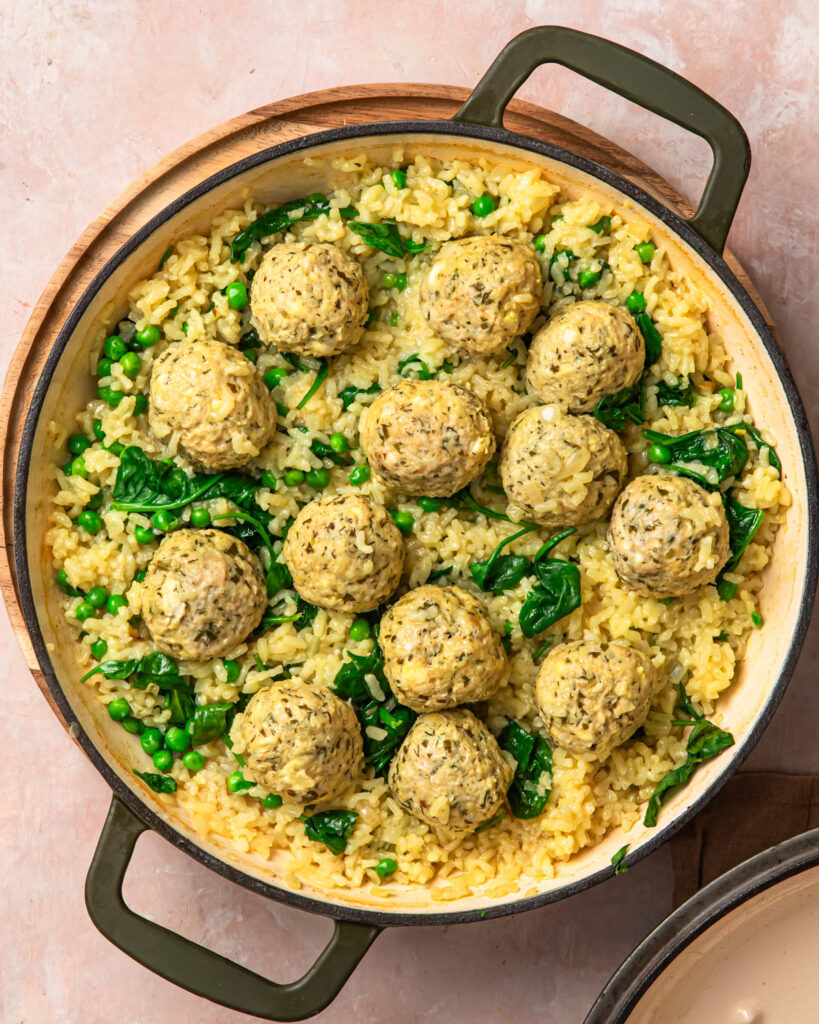 One pan Greek chicken meatballs and rice.